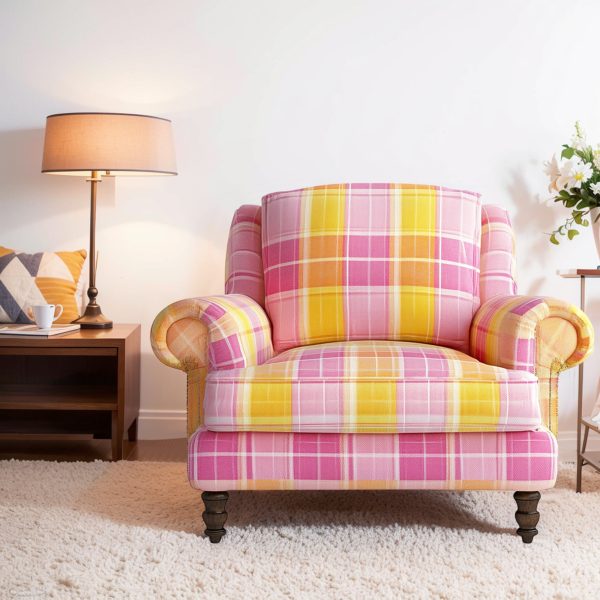 Pink Yellow Plaid chair Cozy Soft